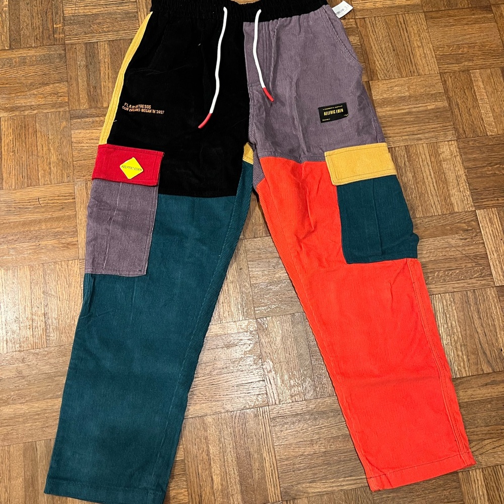 Black and Purple Cargo Pants with Color-Block Design